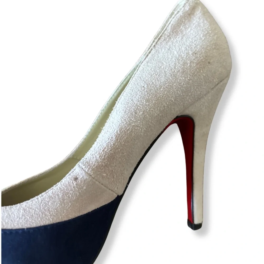 Christian Louboutin Navy and Blush Suede Pumps with Gold Cap-Toe